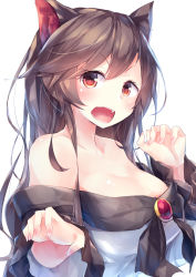 Rule 34 | 1girl, absurdres, animal ears, arms up, breasts, brooch, brown hair, claw pose, cleavage, collarbone, commentary request, fang, highres, imaizumi kagerou, jewelry, kanzakietc, large breasts, long hair, looking at viewer, off-shoulder shirt, off shoulder, open mouth, partial commentary, red eyes, shawl, shirt, simple background, solo, standing, swept bangs, touhou, upper body, very long hair, white background, white shirt, wolf ears