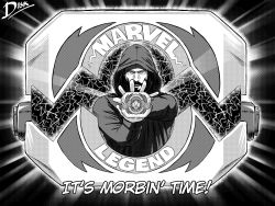 Rule 34 | 1boy, beard, commentary, diskette, english commentary, facial hair, greyscale, highres, hood, hood up, it&#039;s morbin&#039; time (meme), looking at viewer, male focus, marvel, meme, mighty morphin power rangers, monochrome, morbius, morbius (film), mustache, parody, power rangers, solo, subtitled, tokusatsu