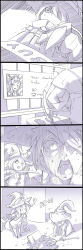 Rule 34 | 4koma, ?, absurdres, broken, close-up, comic, computer, confused, gloves, hat, highres, kurokitsune (float0108), league of legends, lulu (league of legends), monochrome, on floor, one eye covered, open door, open mouth, staff, surprised, sweat, trembling, veigar, wizard hat, yordle