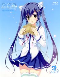 Rule 34 | 10s, 1girl, :o, blu-ray cover, blue background, blush, book, cherry blossoms, copyright name, cover, da capo, da capo iii, gradient background, highres, holding, long sleeves, looking at viewer, parted lips, purple hair, rukawa sara, school uniform, simple background, socks, standing, striped clothes, striped thighhighs, takano yuki (allegro mistic), thighhighs, twintails, yellow eyes, zettai ryouiki