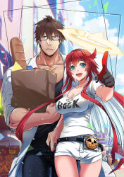 Rule 34 | 1boy, 1girl, blunt ends, breasts, brown hair, cleavage, spiked halo, denim, gloves, green eyes, guilty gear, guilty gear strive, halo, jack-o&#039; valentine, jeans, kusu (moo1225), lab coat, long hair, medium breasts, multicolored hair, muscular, muscular male, official alternate costume, open mouth, pants, pectorals, red eyes, red hair, shirt, short shorts, shorts, smile, sol badguy, spiked hair, t-shirt, two-tone hair, white hair, white shorts