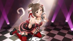 Rule 34 | 10s, 1girl, animal ears, artist request, bell, breasts, brown hair, cat ears, checkered floor, cleavage, dress, fang, garter straps, green eyes, highres, idolmaster, idolmaster cinderella girls, idolmaster cinderella girls starlight stage, jingle bell, jpeg artifacts, maekawa miku, microphone stand, official art, paw pose, ponytail, ribbon, smile, solo, star (symbol), tail