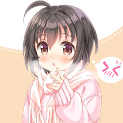 Rule 34 | 1girl, :o, ahoge, arm up, bad id, bad pixiv id, black hair, blush, breath, brown eyes, commentary request, hair between eyes, idolmaster, idolmaster cinderella girls, kohinata miho, looking at viewer, pink background, pink sweater, scarf, shizuki aya, short hair, simple background, sleeves past wrists, solo, sweater, thought bubble, two-tone background, upper body, white background, white scarf