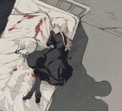 Rule 34 | 2girls, alice (fate), blood, blood stain, braid, different shadow, doll joints, fate/extra, fate (series), flower, from above, hat, unworn hat, unworn headwear, joints, multiple girls, nursery rhyme (fate), on bed, pantyhose, twin braids, under covers, white hair