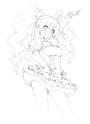 Rule 34 | 00s, arm up, blush, breasts, contrapposto, cure peach, dress, earrings, fresh precure!, greyscale, hand on own hip, heart, heart earrings, highres, jewelry, long hair, magical girl, momozono love, monochrome, precure, puffy short sleeves, puffy sleeves, short sleeves, standing, twintails, whoosaku, wrist cuffs