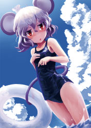 Rule 34 | 1girl, animal, animal ears, animal on head, blue sky, blush, cloud, day, female focus, grey hair, ikamagu, ikmg, innertube, jitome, mouse (animal), mouse ears, mouse tail, nazrin, on head, one-piece swimsuit, open mouth, prehensile tail, red eyes, school swimsuit, shiny clothes, short hair, sky, solo, swim ring, swimsuit, tail, touhou, wading, wet, wet clothes
