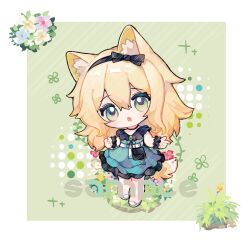 Rule 34 | 1girl, :o, animal ear fluff, animal ears, arknights, black bow, black hairband, blonde hair, blush, border, bow, commentary, dog ears, dog girl, dog tail, dress, frilled dress, frills, green background, green dress, green eyes, hair bow, hairband, head tilt, highres, looking at viewer, nitrogen owo, official alternate costume, podenco (arknights), podenco (wake up from a nap) (arknights), sample watermark, short hair, simple background, solo, symbol-only commentary, tail, watermark, white footwear, wrist cuffs