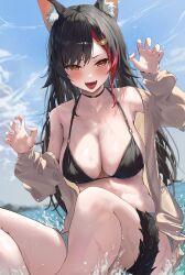 Rule 34 | 1girl, absurdres, alternate costume, animal ears, armpit crease, bare shoulders, bikini, bikini top only, black bikini, black hair, blue sky, blurry, blurry background, blush, breasts, brown cardigan, cardigan, claw pose, cleavage, cloud, cloudy sky, commentary, day, fangs, hair ornament, hairpin, highres, hololive, large breasts, long sleeves, looking at viewer, multicolored hair, off shoulder, ookami mio, open mouth, outdoors, panda 0035, parted bangs, puffy long sleeves, puffy sleeves, red hair, shorts, sitting, sky, smile, solo, streaked hair, swimsuit, symbol-only commentary, tail, tail wrap, virtual youtuber, white shorts, wolf ears, wolf girl, wolf tail, yellow eyes