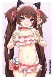 Rule 34 | 1girl, absurdres, animal ears, bead bracelet, beads, bikini, blue archive, blush, bracelet, breasts, brown hair, cleavage, commentary request, fang, flower, frilled bikini, frills, hair flower, hair ornament, halo, hibiscus, highres, jewelry, long hair, looking at viewer, medium breasts, namaata, naughty face, open mouth, pink bikini, pink flower, purple eyes, red flower, ring, shizuko (blue archive), shizuko (swimsuit) (blue archive), simple background, solo, swimsuit, twintails, twitter username, two-tone background, two side up, very long hair