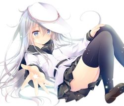 Rule 34 | 1girl, black thighhighs, blue eyes, closed mouth, commentary, hibiki (kancolle), kantai collection, knees together feet apart, knees up, long hair, looking at viewer, lying, on cloud, pleated skirt, reaching, reaching towards viewer, school uniform, serafuku, shirogane hina, skirt, solo, star (symbol), thighhighs, verniy (kancolle)