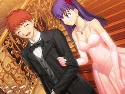 Rule 34 | 1boy, 1girl, ^ ^, alternate costume, alternate hairstyle, bare shoulders, blush, bow, bowtie, breasts, buttons, cleavage, closed eyes, couple, cowboy shot, dress, dutch angle, earrings, elbow gloves, emiya shirou, fate/hollow ataraxia, fate/stay night, fate (series), formal, game cg, gem, gloves, good end, gown, hair ribbon, happy, hetero, holding another&#039;s arm, indoors, jewelry, light smile, locked arms, long hair, looking at another, matou sakura, medium breasts, necklace, official alternate costume, orange hair, pearl (gemstone), pearl necklace, pendant, pink dress, pink gloves, pleated dress, purple eyes, purple hair, railing, ribbon, rug, short hair, smile, stairs, stud earrings, suit, takeuchi takashi, traditional bowtie, two side up, waistcoat, walking