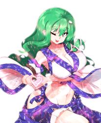 Rule 34 | 1girl, absurdres, arm belt, bare shoulders, blue skirt, breasts, cleavage, collarbone, detached sleeves, frog hair ornament, green eyes, green hair, groin, hair ornament, heart, heart hands, highres, hip vent, kochiya sanae, large breasts, looking at viewer, midriff, one eye closed, shirt, simple background, skirt, snake hair ornament, solo, strap, sunnysideup, tagme, tongue, tongue out, touhou, white background, white shirt