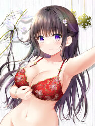 Rule 34 | 1girl, arm up, black hair, bottomless, bra, breasts, cleavage, closed mouth, collarbone, commentary request, flower, groin, hair flower, hair ornament, large breasts, long hair, looking at viewer, murasaki (murasakiiro no yoru), navel, original, out-of-frame censoring, purple eyes, reaching, reaching towards viewer, red bra, selfie, smile, solo, underwear, underwear only, upper body, very long hair, white flower