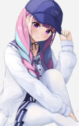 1girl adjusting_clothes adjusting_headwear amano_kusatsu baseball_cap blue_hair blush braid cardigan choker commentary_request frilled_sailor_collar frills hat highres hololive knee_up long_hair long_sleeves minato_aqua minato_aqua_(sailor) multicolored_hair nail_polish pantyhose pink_hair pleated_skirt purple_eyes ribbon_choker sailor_collar sitting skirt smile solo streaked_hair twin_braids virtual_youtuber