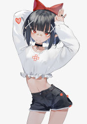 Rule 34 | 1girl, :3, absurdres, bandaid, bandaid on face, bandaid on hand, bandaid on nose, black choker, black hair, blunt bangs, blush, bow, choker, collarbone, commentary, cowboy shot, denim, denim shorts, hair bow, hair ornament, hands up, heart, highres, jewelry, kentllaall, long sleeves, looking at viewer, navel, original, pointy ears, red bow, red eyes, ring, shirt, short hair, short shorts, shorts, simple background, sleeves past wrists, solo, standing, symbol-only commentary, white background, white shirt, x hair ornament
