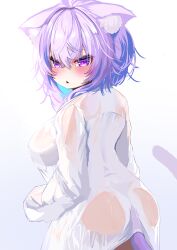 Rule 34 | 1girl, ahoge, animal ear fluff, animal ears, ass, blush, breasts, cat ears, cat girl, cat tail, highres, hololive, kajimakoto, large breasts, looking at viewer, looking back, medium hair, naked shirt, nekomata okayu, nekomata okayu (oversized shirt), open mouth, purple eyes, purple hair, see-through, see-through shirt, shirt, sideboob, tail, virtual youtuber, wet, wet clothes, white shirt