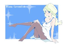Rule 34 | 1girl, bare shoulders, black pantyhose, blue eyes, blush, breasts, character name, cleavage, diana cavendish, dress, eyes visible through hair, full body, hys-d, knees up, leg up, light green hair, little witch academia, long hair, looking at viewer, medium breasts, multicolored hair, pantyhose, sitting, sleeveless, sleeveless dress, solo, strap slip, two-tone hair, white dress