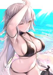Rule 34 | 1girl, absurdres, ahoge, arm strap, between breasts, bikini, blush, braid, breasts, choker, cleavage, collarbone, fate/grand order, fate (series), hair between eyes, hane yuki, heroic spirit festival outfit, highres, jeanne d&#039;arc (fate), jeanne d&#039;arc alter (fate), jeanne d&#039;arc alter (festival outfit) (fate), jewelry, large breasts, long hair, navel, necklace, o-ring, official alternate costume, parted lips, silver hair, solo, stomach, swimsuit, yellow eyes