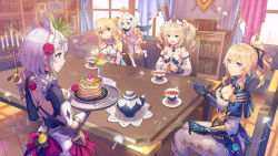 Rule 34 | 5girls, absurdres, anbe yoshirou, armor, backless dress, backless outfit, barbara (genshin impact), black bow, black dress, blonde hair, blue capelet, blue eyes, bookshelf, bow, breasts, candle, candlestand, capelet, chair, cleavage, closed mouth, coattails, commentary request, cowboy shot, cream, cup, curtains, dandelion seed, day, dress, drill hair, fingers together, floating, flower, food, fork, fruit, gauntlets, genshin impact, green eyes, hair between eyes, hair bow, hair flower, hair ornament, halo, hat, highres, holding, holding tray, indoors, jean (genshin impact), knife, light particles, lighter-than-air pancake (genshin impact), looking at another, lumine (genshin impact), maid, maid headdress, medium breasts, medium hair, multiple girls, noelle (genshin impact), off-shoulder dress, off shoulder, open mouth, orange eyes, own hands together, paimon (genshin impact), pancake, pancake stack, pants, plate, ponytail, purple eyes, red flower, saucer, short hair, shoulder armor, silver hair, sitting, smile, standing, strawberry, sunlight, sweatdrop, table, teacup, teapot, tight clothes, tight pants, tray, twin drills, twintails, vase, vision (genshin impact), white dress, white flower, white headwear, white pants, window, yellow flower