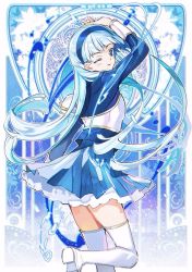 Rule 34 | 1girl, ;), arm up, blue hair, blue hairband, blue skirt, boots, floating hair, from side, hairband, iyutani, layered skirt, long hair, long sleeves, magic knight rayearth, miniskirt, one eye closed, pleated skirt, ryuuzaki umi, skirt, smile, solo, standing, standing on one leg, thigh boots, thighhighs, very long hair, white footwear, zettai ryouiki