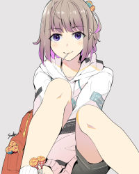 Rule 34 | 1girl, black shorts, blush, brown hair, candy, closed mouth, drawstring, feet out of frame, food, food in mouth, grey background, hood, hood down, hoodie, knees up, lollipop, looking at viewer, mouth hold, multicolored hair, original, pink hair, purple eyes, short shorts, shorts, signature, simple background, smile, socks, solo, suihi, two-tone hair, white hoodie, white socks