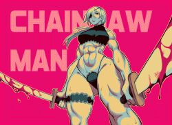 Rule 34 | 1girl, abs, absurdres, biceps, black sports bra, blood, bloody weapon, breasts, chainsaw man, dual wielding, eyepatch, haidenisa, highres, holding, holding sword, holding weapon, katana, long hair, looking at viewer, muscular, muscular female, navel, obliques, quanxi (chainsaw man), simple background, solo, sports bra, sweat, sword, thick thighs, thighs, toned, weapon, white hair