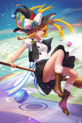 Rule 34 | 1girl, adapted costume, alternate costume, blonde hair, boots, bow, braid, broom, cross-laced footwear, flying, full body, hair bow, hair ornament, hat, hat ribbon, highres, kirisame marisa, lace-up boots, long hair, looking at viewer, panties, pantyshot, polskash, puffy sleeves, ribbon, shirt, short sleeves, side braid, single braid, skirt, smile, solo, striped clothes, striped panties, touhou, underwear, vest, witch hat, yellow eyes