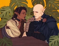 Rule 34 | 1boy, 1girl, bald, black lips, blue cape, breasts, brown hair, cape, cleavage, cleft chin, dark-skinned female, dark skin, dragon age, dragon age: inquisition, elf, eye contact, hand on another&#039;s chin, hejee, hetero, highres, inquisitor (dragon age), large breasts, looking at another, mature male, medium hair, monstera deliciosa, pointy ears, solas, upper body, yellow background