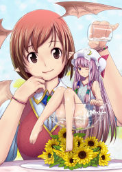 Rule 34 | 2girls, alternate costume, alternate hair length, alternate hairstyle, barefoot, bat wings, blunt bangs, bracelet, crescent, crescent moon, cup, embodiment of scarlet devil, feet, female focus, flower, full body, gustav (telomere na), happy, hat, head tilt, head wings, highres, in container, in cup, jewelry, koakuma, legs, long hair, mini person, minigirl, mob cap, moon, multiple girls, one-piece swimsuit, one eye closed, patchouli knowledge, pointy ears, pouring, purple eyes, purple hair, red eyes, red hair, short hair, smile, sunflower, swimsuit, textless version, touhou, wince, wings, wink