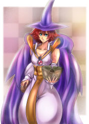 Rule 34 | 1girl, aqua eyes, background-color, blue eyes, book, bracelet, breasts, capcom, cape, cleavage, dress, hat, holding, holding book, horns, jewelry, lips, lipstick, makeup, medium breasts, necktie, open mouth, penzoom, red hair, short hair, witch, stick, tabasa, warzard, white dress, witch, witch hat