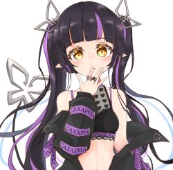 Rule 34 | 1girl, absurdres, black hair, black jacket, blunt bangs, blush, breasts, cleavage, commentary request, crop top, demon girl, demon horns, demon tail, denshigomi, heart, heart print, highres, horns, jacket, jewelry, kojo anna, kojo anna (1st costume), long hair, long sleeves, looking at viewer, medium breasts, midriff, multicolored hair, nanashi inc., navel, off shoulder, open clothes, open jacket, open mouth, pointy ears, purple hair, ring, russian text, see-through, see-through cleavage, simple background, solo, sugar lyric, tail, transparent background, twintails, two-tone hair, upper body, virtual youtuber, yellow eyes