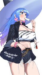 Rule 34 | 1girl, absurdres, bag, black jacket, blue eyes, blue hair, breasts, cowboy shot, earrings, food, gradient hair, hat, highres, ice cream, jacket, jewelry, large breasts, multicolored hair, navel, original, purple hair, shio05 (05 sio), short shorts, shorts, solo, thigh gap, tongue, tongue out, witch hat