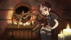 Rule 34 | 1girl, arm blade, bags under eyes, black panties, black shirt, black thighhighs, blood, blood on face, braid, brown hair, candle, candlelight, candlestand, commentary request, cowboy shot, deep wound, ero guro, exposed bone, furrowed brow, glowing, glowing eyes, guro, hair half undone, hand on own hip, indoors, injury, kikai (akita morgue), long hair, looking at viewer, mirror, mucus, neck ribbon, no pants, open clothes, open shirt, original, panties, polka dot, polka dot panties, red eyes, ribbon, shirt, short sleeves, single braid, skeletal arm, solo, standing, thighhighs, tongue, tongue out, torn clothes, torn shirt, underwear, weapon, white ribbon