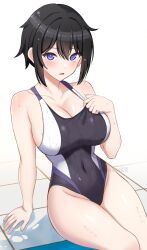 1girl bare_shoulders black_hair black_one-piece_swimsuit breasts commentary_request competition_swimsuit covered_navel dolphin_wave highleg highleg_one-piece_swimsuit highres large_breasts looking_at_viewer multicolored_clothes multicolored_swimsuit one-piece_swimsuit purple_eyes short_hair sidelocks simple_background sitting solo suminoe_shion surippa1010 swimsuit white_background