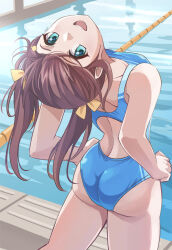 Rule 34 | 1girl, arched back, ass, blue eyes, blue one-piece swimsuit, brown hair, commentary request, commission, competition swimsuit, cowboy shot, hands on own hips, highres, konoe haruka, long hair, looking at viewer, looking back, love live!, love live! nijigasaki high school idol club, nikulas cage, one-piece swimsuit, open mouth, pixiv commission, pool, round teeth, solo, standing, swimsuit, teeth, twintails, two-tone swimsuit, upper teeth only