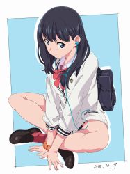 Rule 34 | 10s, 1girl, arm support, bag, black footwear, black hair, black skirt, blue background, blue eyes, bow, cardigan, collared shirt, dated, full body, gridman universe, highres, indian style, legs, loafers, long hair, long sleeves, looking at viewer, masuo (masdlivelove), miniskirt, pleated skirt, red bow, red legwear, school bag, school uniform, scrunchie, shirt, shoes, sitting, skirt, solo, ssss.gridman, takarada rikka, v arms, white cardigan, white shirt, wrist scrunchie