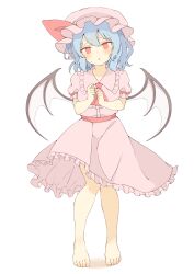 Rule 34 | 1girl, absurdres, ascot, barefoot, bat wings, blue hair, blush, commentary, dress, hat, hat ribbon, highres, looking at viewer, medium hair, mob cap, open mouth, pink dress, pink hat, puffy short sleeves, puffy sleeves, red ascot, red eyes, remilia scarlet, ribbon, seika okawari, shadow, short sleeves, simple background, solo, sweatdrop, touhou, white background, wings