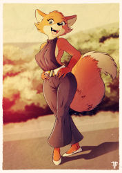 Rule 34 | 1girl, absurdres, animal ears, animal nose, artist name, bare shoulders, belt, blue eyes, blue jumpsuit, blurry, blurry background, body fur, border, borrowed character, breasts, bush, chromatic aberration, crossed legs, fangs, female focus, fox-pop vli, fox ears, fox girl, fox tail, full body, furry, furry female, hands on own hips, happy, highres, jumpsuit, looking at viewer, medium breasts, open mouth, orange fur, original, outdoors, retro artstyle, shoes, sideboob, sleeveless jumpsuit, smile, snout, solo, standing, sunset, tail, tongue, two-tone fur, watermark, watson cross, white border, white footwear, white fur