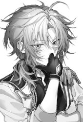 Rule 34 | 1boy, black gloves, black shirt, collared shirt, covering own mouth, ensemble stars!, epaulettes, gloves, grey background, grey jacket, greyscale, jacket, long sleeves, looking at viewer, low ponytail, male focus, medium hair, monochrome, oo okioo, shirt, solo, tsukinaga leo
