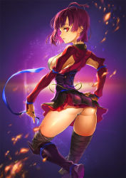 Rule 34 | 1girl, ass, bandages, boots, breasts, brown hair, closed mouth, commentary request, contrapposto, corset, embers, from behind, hakama, hakama short skirt, hakama skirt, hand on own hip, highres, japanese clothes, koutetsujou no kabaneri, looking at viewer, looking back, medium breasts, miniskirt, mumei (kabaneri), panties, pantyshot, red eyes, revision, ribbon, sage joh, short hair, sideboob, skirt, smile, solo, standing, underwear, white panties