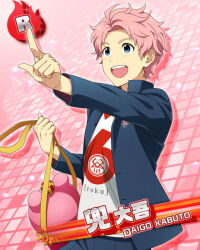 Rule 34 | 1boy, ahoge, blue eyes, blush, card (medium), character name, holding, idolmaster, idolmaster side-m, jacket, kabuto daigo, looking at viewer, male focus, official art, open clothes, open jacket, open mouth, pink background, pink hair, pointing, shirt, smile, solo, teeth, upper teeth only