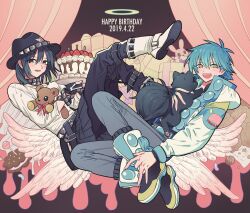 Rule 34 | 2boys, animal, birthday cake, black hair, black headwear, blue hair, boots, box, cake, curtains, dated, dog, dramatical murder, feathered wings, food, fruit, full body, gift, gift box, green eyes, hair between eyes, halo, happy birthday, hat, highres, holding, holding animal, holding dog, holding plate, holding stuffed toy, jacket, legs up, long sleeves, looking at viewer, male focus, meremero, multiple boys, open mouth, pants, plate, ren (dramatical murder), sei (dramatical murder), seragaki aoba, shirt, shoes, short hair, sitting, smile, strawberry, stuffed animal, stuffed toy, teddy bear, white shirt, white wings, wings
