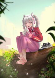 Rule 34 | 1girl, absurdres, alice (nikke), animal ears, barefoot, blurry, blurry foreground, blush, bodysuit, cloud, cloudy sky, commentary, day, depth of field, english commentary, eyelashes, fake animal ears, feet, full body, ghhoward, gloves, goddess of victory: nikke, grey hair, headphones, headset, highres, holding, legs, legs together, open mouth, outdoors, pink bodysuit, pink eyes, pink gloves, rabbit, red bodysuit, shoes, unworn shoes, sitting, sitting on branch, skin tight, sky, sneakers, unworn socks, soles, solo, thighs, toenails, toes, twintails, two-tone bodysuit, white footwear