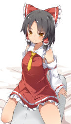 Rule 34 | 1girl, 1other, black hair, blush, bow, breasts, commentary, cookie (touhou), detached sleeves, foot out of frame, frilled bow, frilled hair tubes, frilled skirt, frills, girl on top, hair bow, hair tubes, hakurei reimu, highres, medium breasts, necktie, open mouth, red bow, red shirt, red skirt, ribbon-trimmed sleeves, ribbon trim, sananana (cookie), sarashi, shirt, short hair, skirt, sleeveless, sleeveless shirt, solo focus, touhou, white sleeves, yellow eyes, yellow necktie, yumekamaborosh