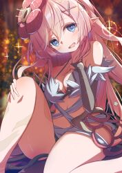 Rule 34 | 1girl, bare shoulders, blue eyes, blush, breasts, bridal gauntlets, cleavage, demimushi, duel monster, flower, hair flower, hair ornament, hand on breasts, hand on own chest, highres, leg tattoo, long hair, looking at viewer, medium breasts, navel, open mouth, pink hair, pointy ears, sitting, smile, solo, tattoo, traptrix rafflesia, yu-gi-oh!