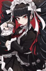 Rule 34 | 1girl, absurdres, black hair, black jacket, black nails, blunt bangs, bonnet, celestia ludenberg, claw ring, cup, danganronpa: trigger happy havoc, danganronpa (series), drill hair, earrings, frilled jacket, frills, gothic lolita, hand up, highres, holding, holding cup, jacket, jewelry, lace, lace-trimmed skirt, lace trim, layered skirt, lolita fashion, long hair, long sleeves, looking at viewer, meiji (meizi493), nail polish, necktie, open clothes, open jacket, pleated skirt, print necktie, red background, red eyes, red necktie, shirt, simple background, skirt, smile, solo, twin drills, twintails