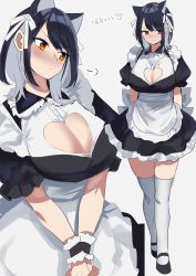 Rule 34 | 1girl, absurdres, animal ears, apron, arms behind back, black hair, blush, breasts, cat ears, cleavage, cleavage cutout, clothing cutout, dress, frilled apron, frilled dress, frills, highres, indie virtual youtuber, large breasts, looking to the side, maid, maid apron, maid headdress, multicolored hair, multiple views, shirasu (mashiro (rikuya)), shirasu uni, solo, thighhighs, thighs, two-tone hair, virtual youtuber, white background