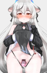 Rule 34 | 1girl, animal ears, bar censor, black dress, black hair, black panties, blue archive, blush, censored, clothes lift, cowboy shot, dildo, dress, dress lift, grey hair, hair between eyes, highres, kokona (blue archive), lifting own clothes, long hair, long sleeves, looking at viewer, machismo fuji, multicolored hair, object insertion, panties, parted lips, pussy, red eyes, sex toy, simple background, solo, spiked dildo, standing, steam, streaked hair, underwear, vaginal, vaginal object insertion, very long hair, white background