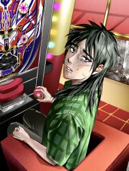 Rule 34 | 1boy, armchair, bags under eyes, black hair, chair, commentary request, crying, crying with eyes open, facial scar, full body, green shirt, highres, indoors, itou kaiji, kaiji, korean commentary, long hair, looking at viewer, male focus, medium bangs, pachinko, pachinko ball, parted lips, plaid, plaid shirt, ron (ronkij777), sanpaku, scar, scar on cheek, scar on face, scar on hand, shirt, short sleeves, sitting, solo, tears