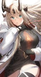 Rule 34 | 1girl, absurdres, ahoge, arknights, black gloves, blonde hair, blue eyes, coat, dragon horns, gloves, highres, horn/wood, horns, long hair, reed (arknights), ribbed sweater, sweater, thighhighs, white background, white coat